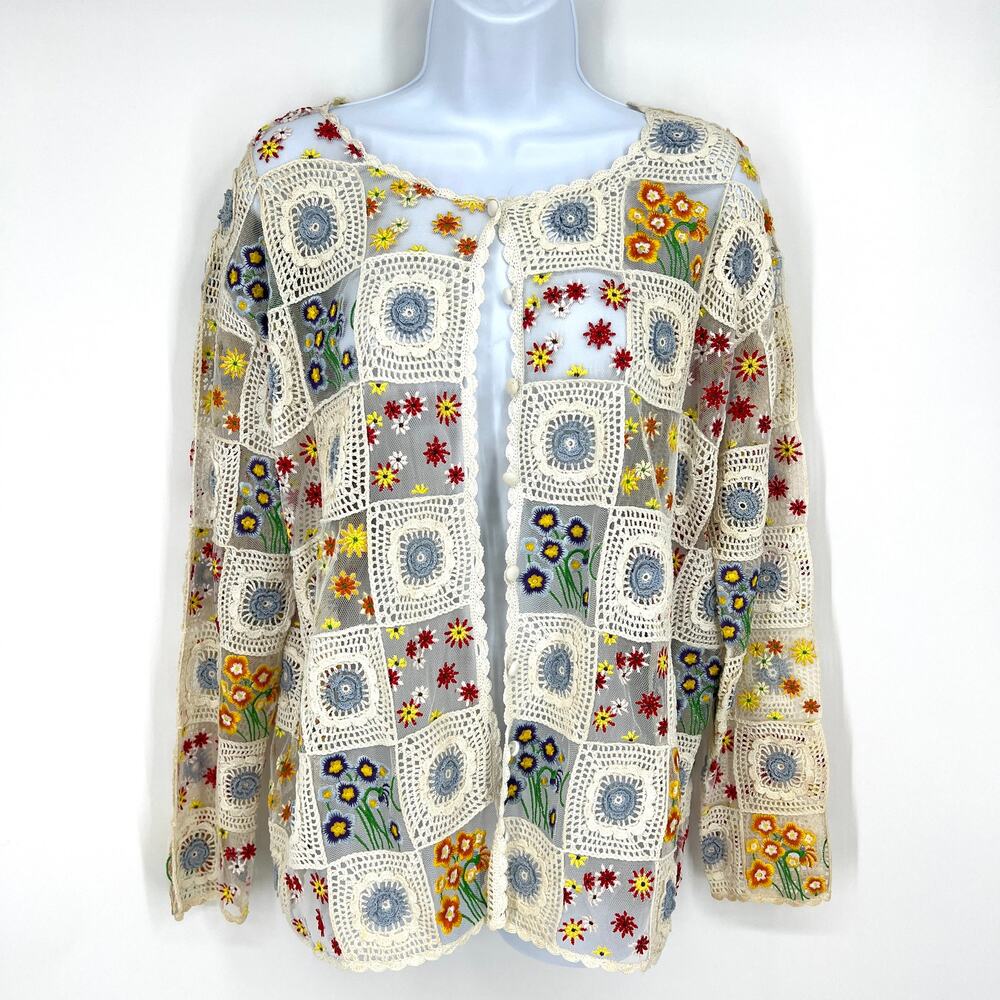 Vintage Smithsonian Granny Square Floral Crochet Cardigan Sweater Size M